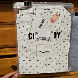 COOFANDY White Casual Button-Down Shirt with Navy Print